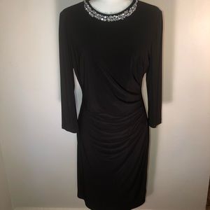Black jeweled neck long sleeve cocktail dress
